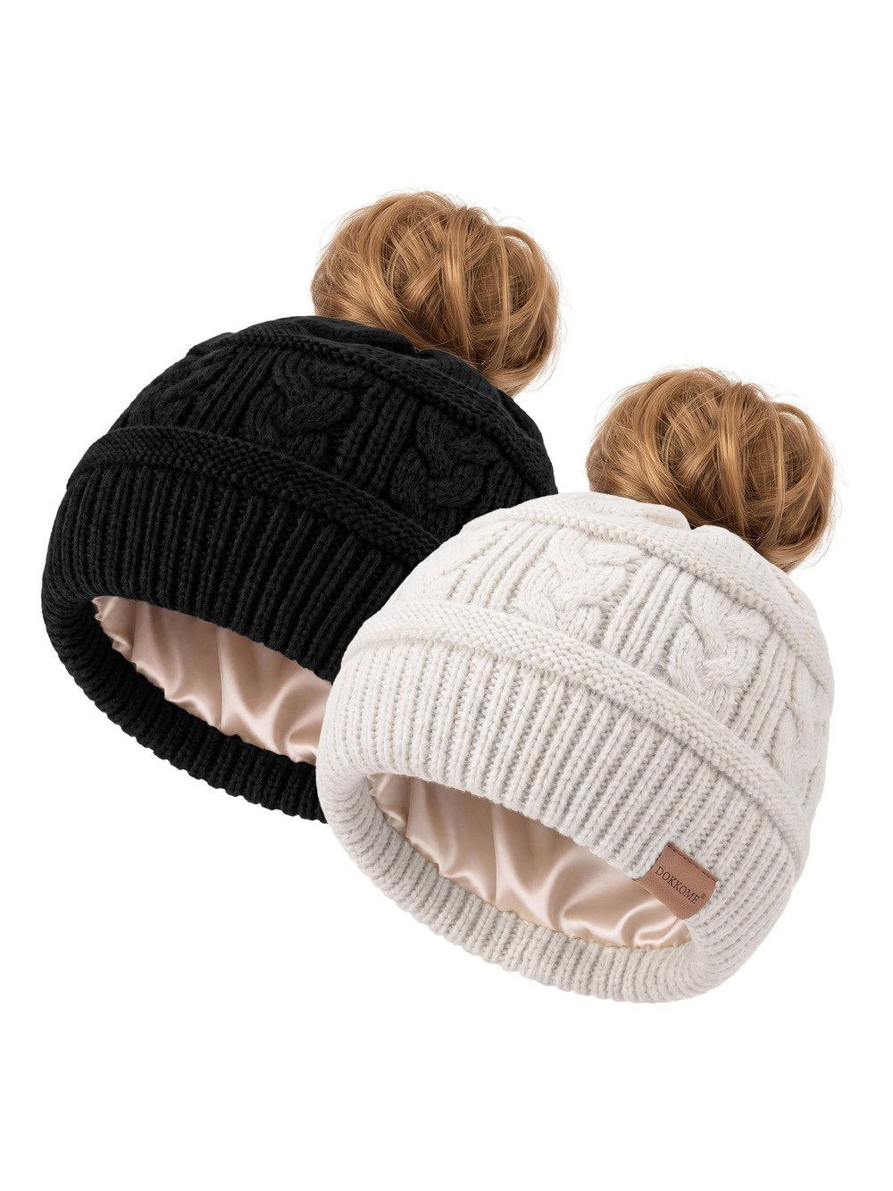 Ponytail Beanies for Women Satin Liner Winter | 2 Packs, Black, Oat | Size OS